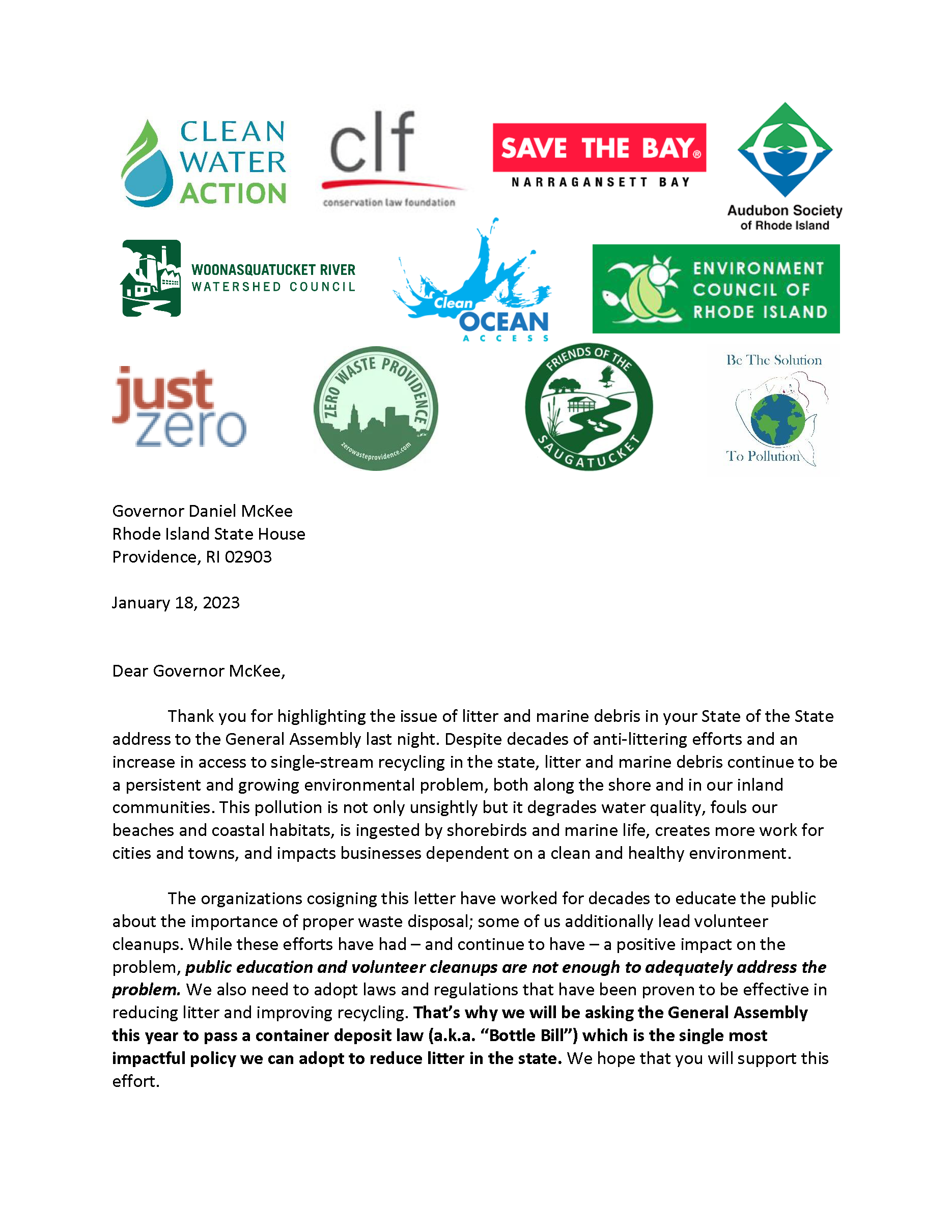 Rhode Island Enviro letter to Gov McKee re Bottle Bill | Page 1