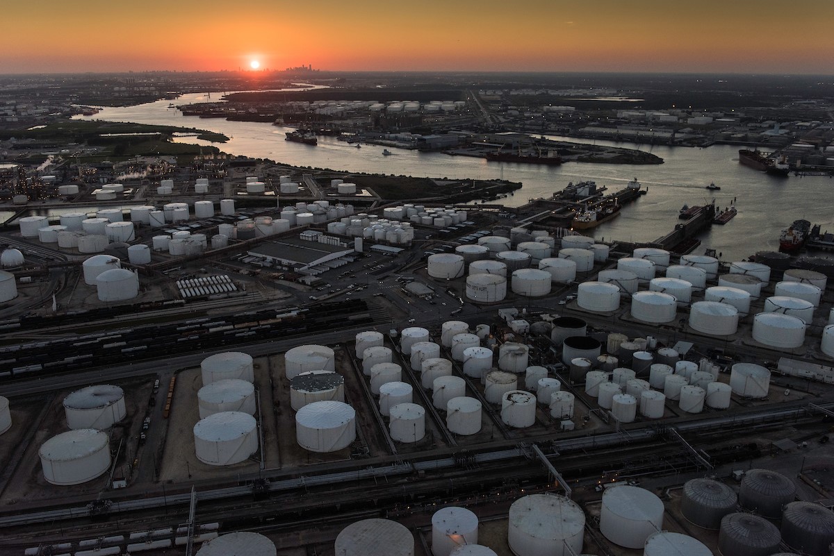 Chemical storage tanks along river