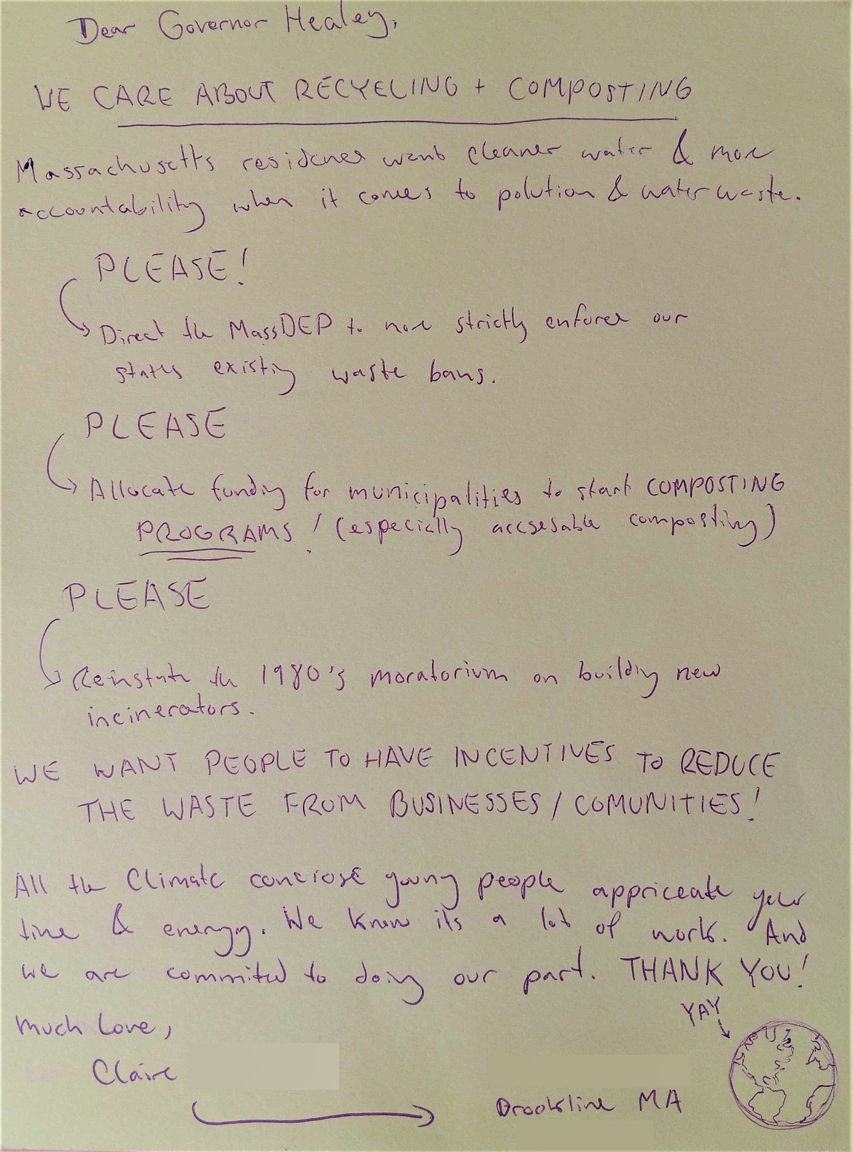 Image of a letter written to Gov Healey with text urging him to reduce plastic pollution