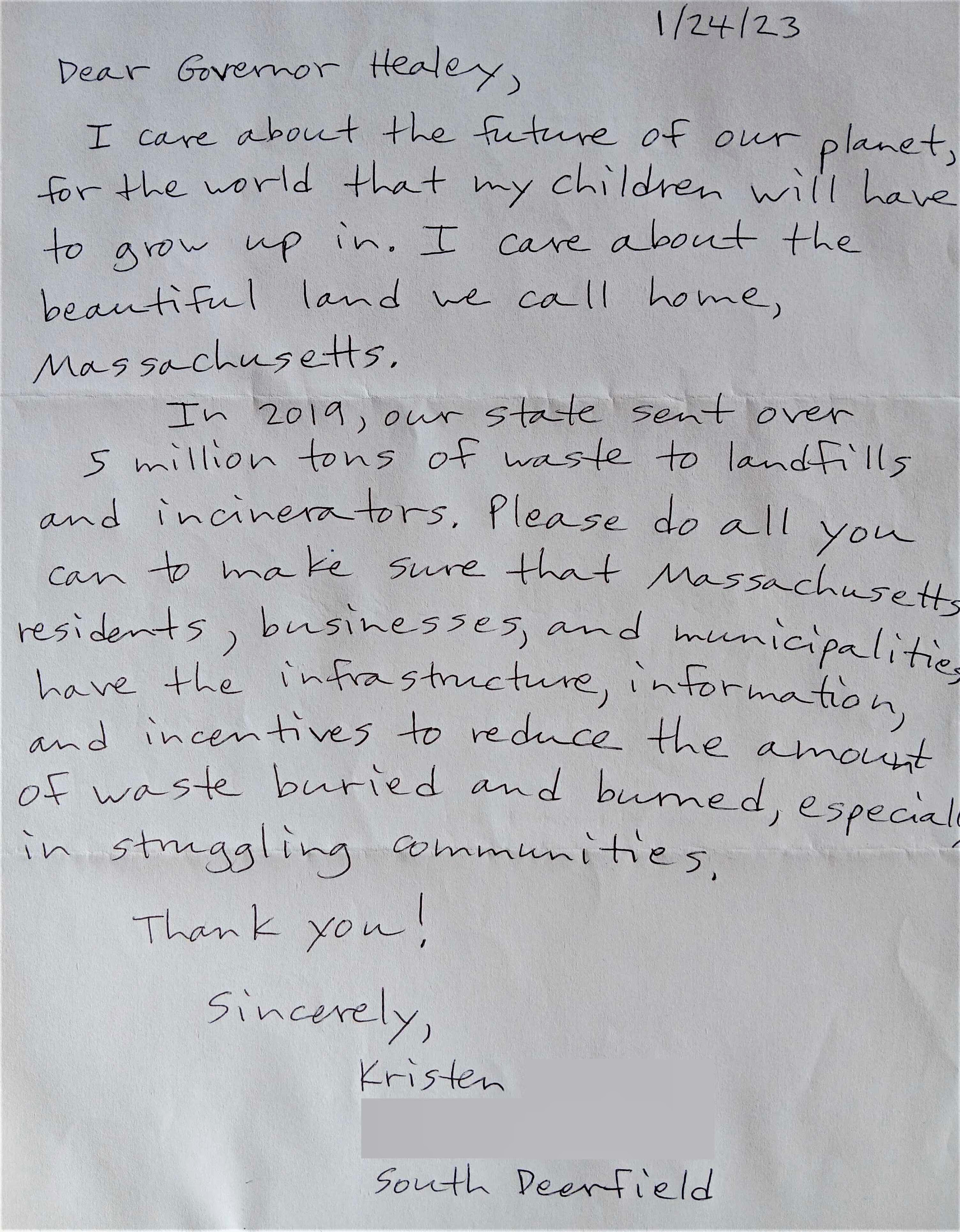 Image of a letter written to Gov Healey with text urging him to reduce plastic pollution