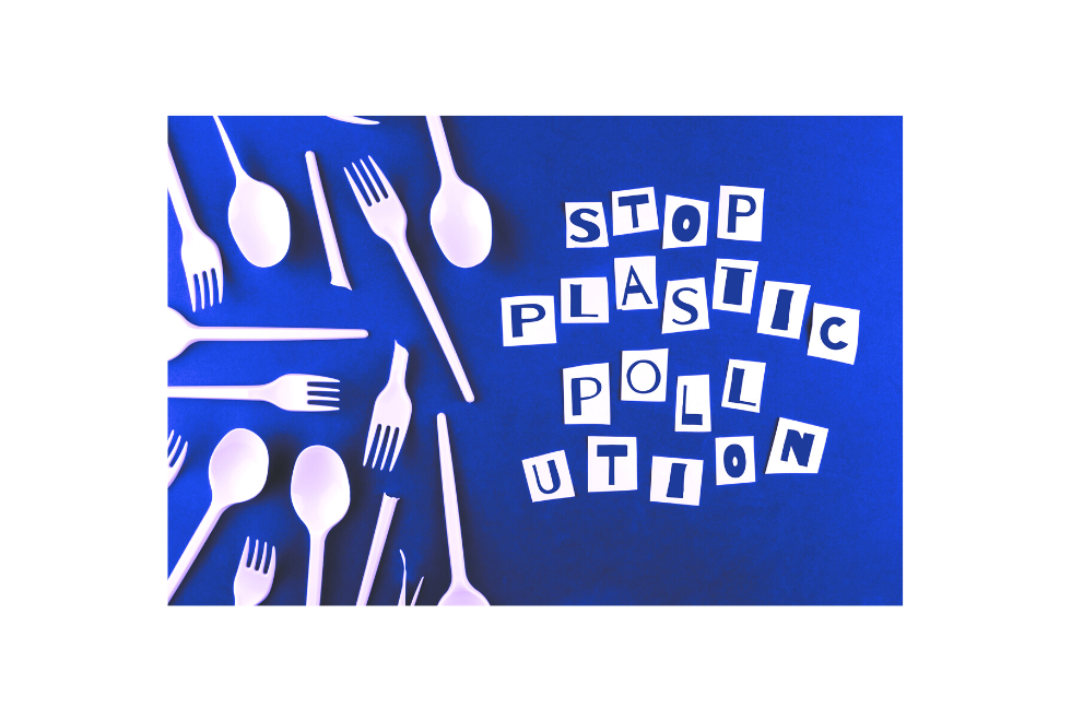 Image of Plastic Utensils and Straws that Spell the Word Stop Plastic Pollution