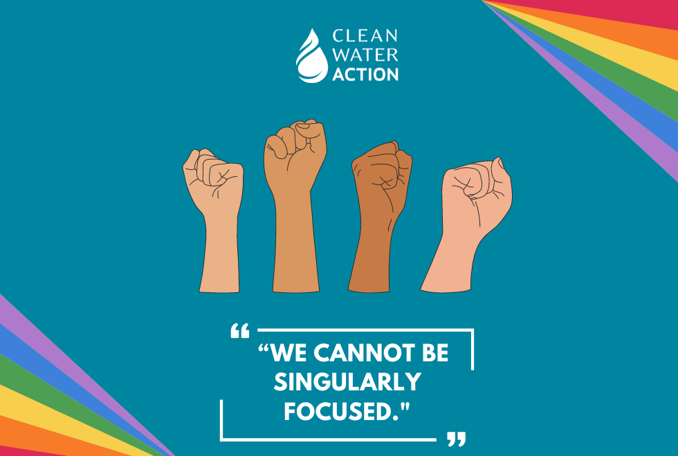 Image of a graphic design that has a Clean Water Action logo, hands forming fists, and text that reads " We Cannot Be Singularly Focused "