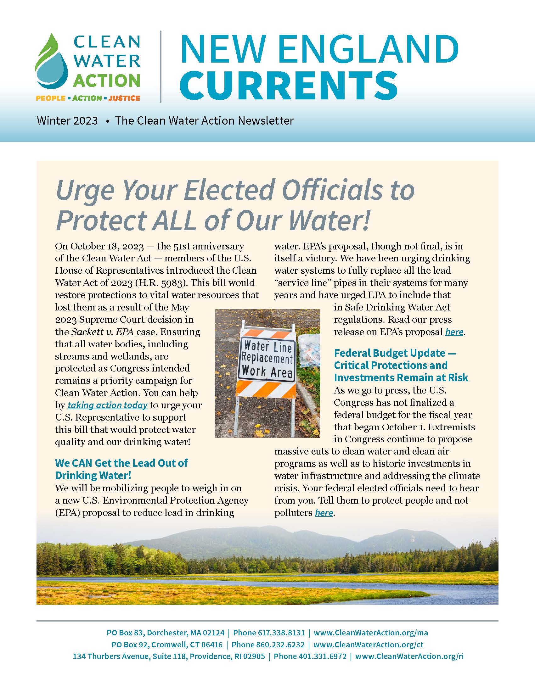 Image of the front cover of Clean Water Action's newsletter with text that says "New England Currents"