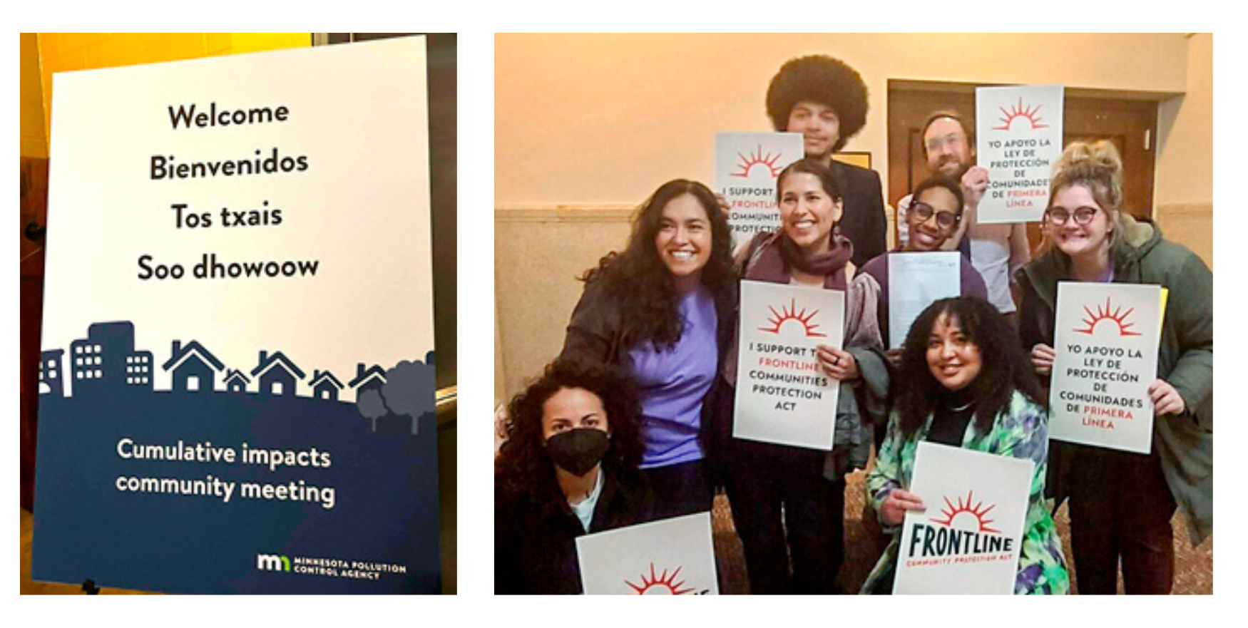 Minnesota cumulative impacts meeting sign and group photo celebrating legislation