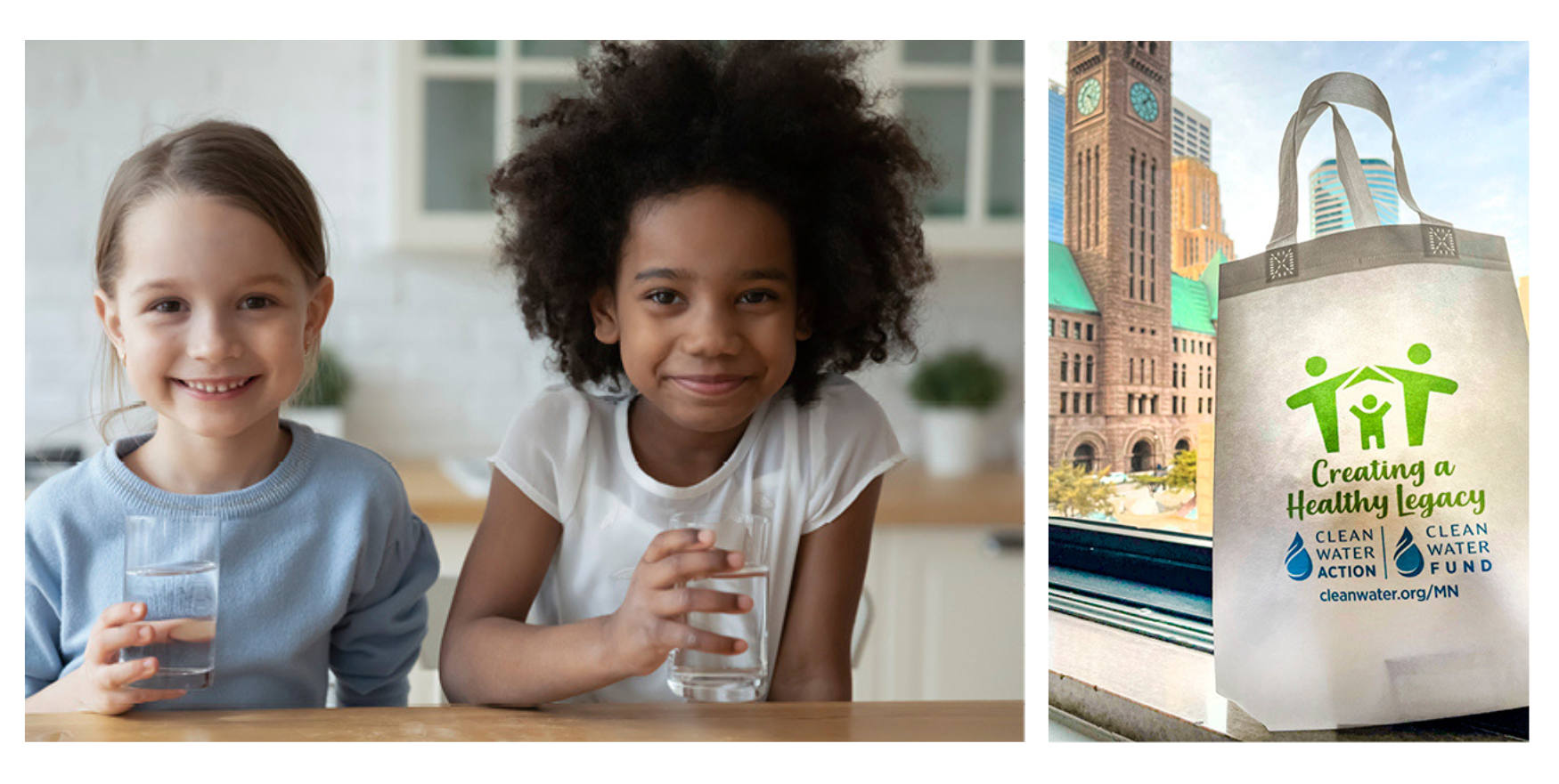 Children drinking water and a gift bag from Minnesota's Healthy Legacy presentations