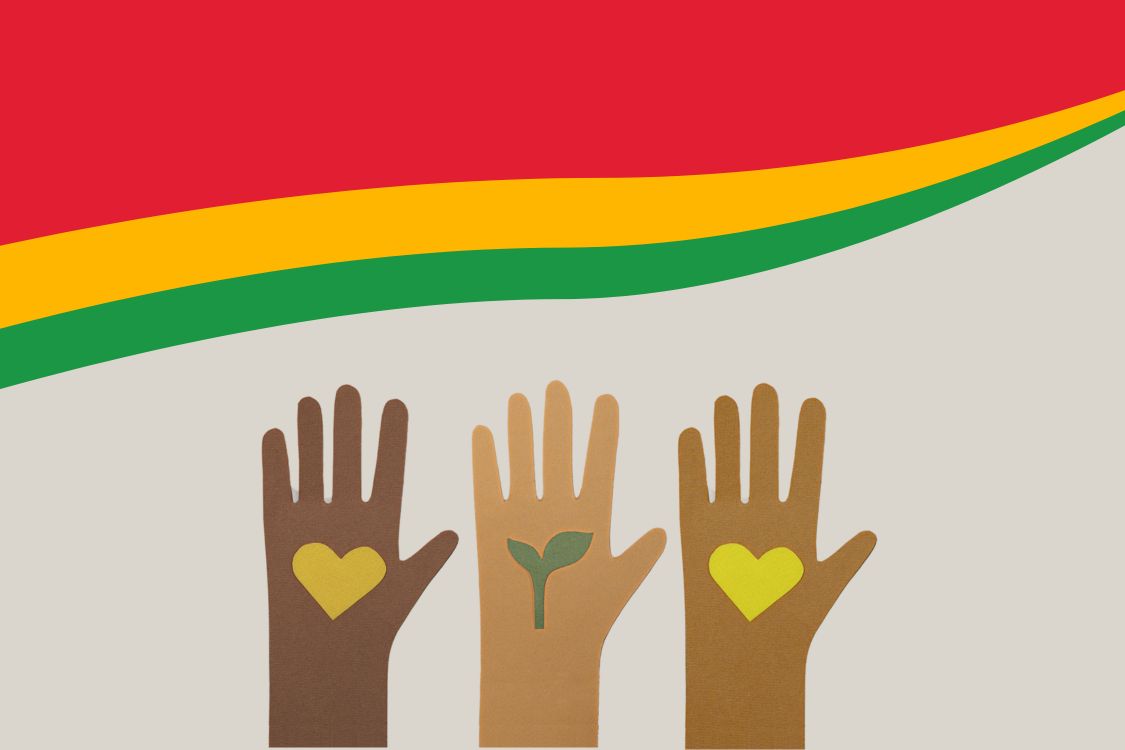 Graphic: Three hands and a banner with the colors of Black History Month, red, yellow and green