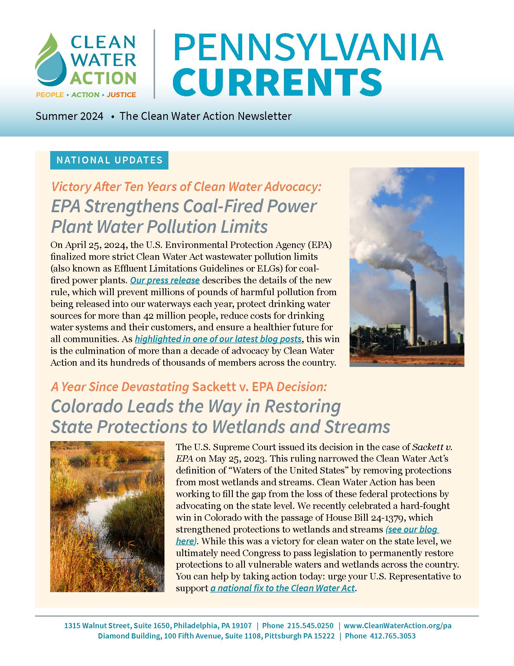 Graphic design of Clean Water Action PA Currents newsletter cover