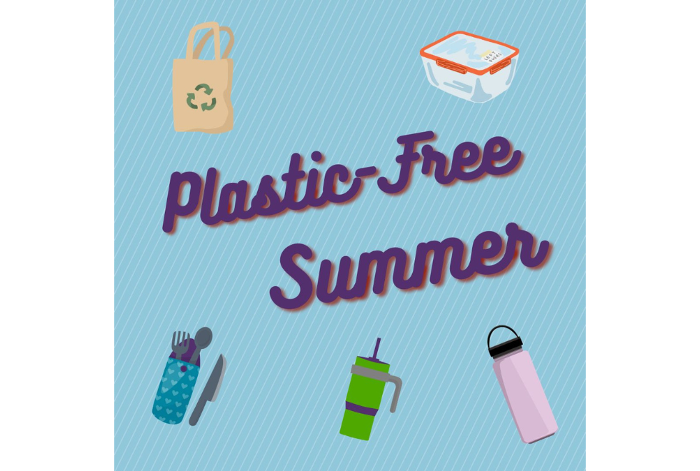 Graphic design that says Plastic Free Summer with images of Reusables
