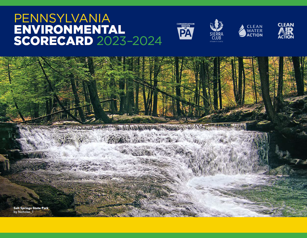 Image of a stream with text that says 2023-2024 Pennsylvania Environmental Scorecard