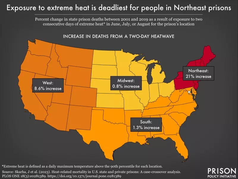 Data Source: Skarha, J. et al (2023), Heat-related mortality in U.S. state and private prisons: A case-crossover analysis. PLOS ONE 18(3):e0281390. (Map: Leah Wang, 2023)  This map originally appeared in Heat, floods, pests, disease, and death: What climate change means for people in prison.