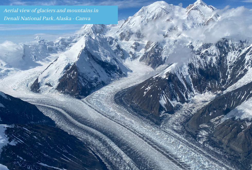 Aerial view of glaciers and mountains in Denali National Park, Alaska