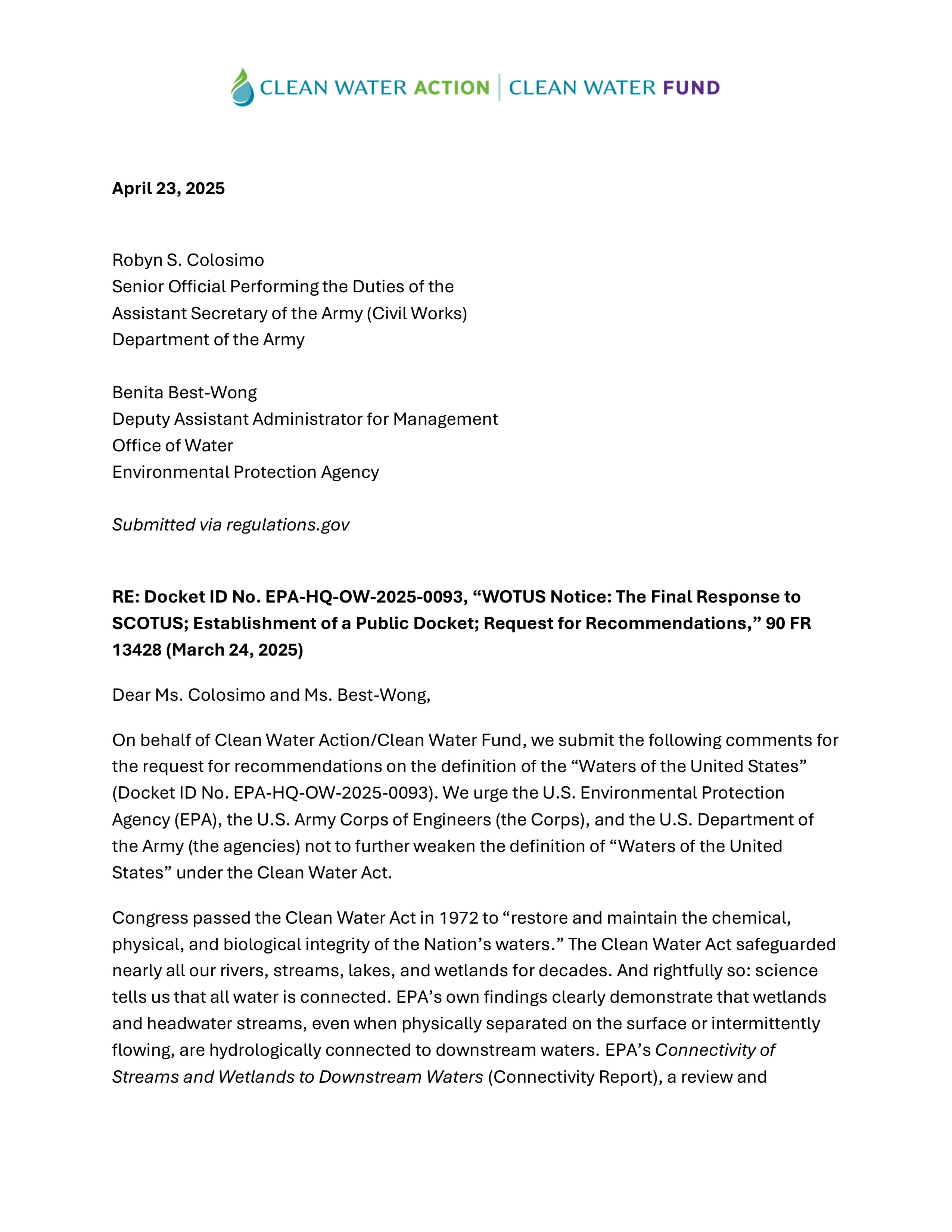 Preview of first page of the letter submitted to EPA on April 23, 2025