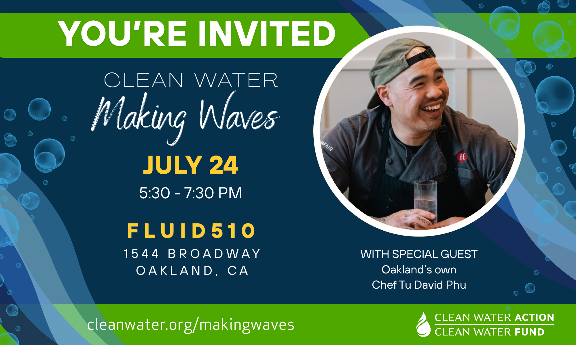 Clean Water Making Waves graphic showing special Guest Chef Tu David Phu