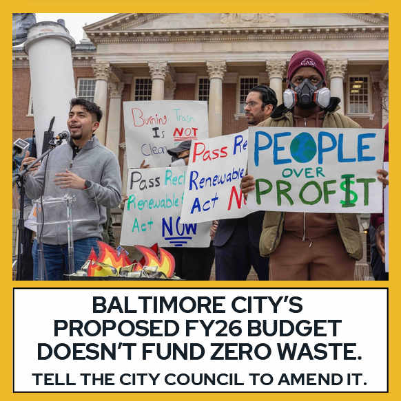 Picture of Carlos Sanchez of South Baltimore Community Land Trust speaking at a rally, with people holding signs like "Burning trash is not clean energy" and "People over profit"