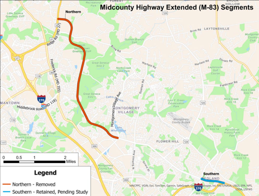 Map of a portion of Montgomery County showing the proposed M83 route in red labeled "Northern-Removed"