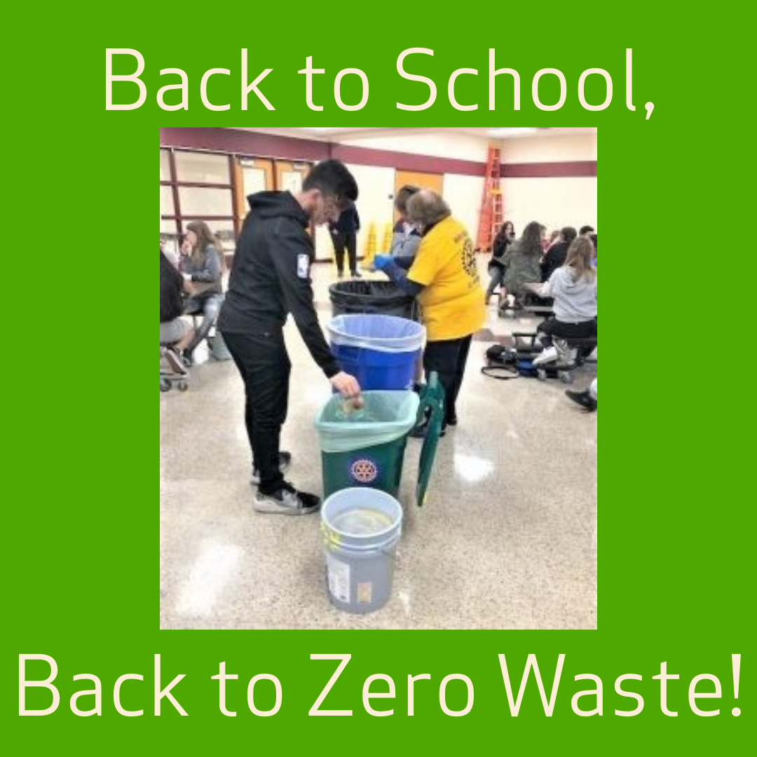 Text on a green background says "Back to School, Back to Zero Waste!" above and below a picture of students sorting their cafeteria waste into several different bins.