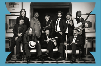 Nine band members with their instruments