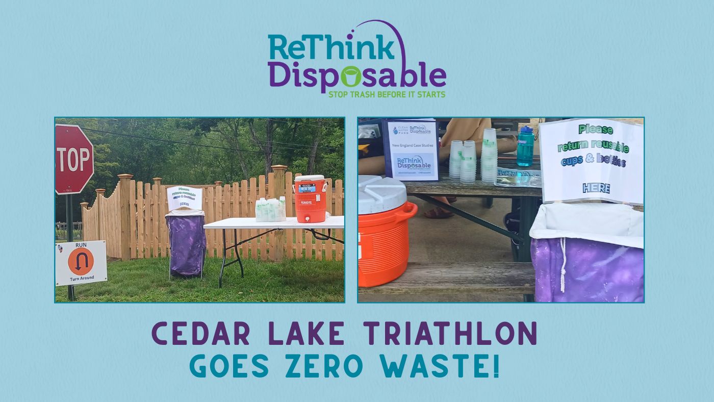 graphic design with rethink disposable logo with text and images featuring Cedar Lake Triathlon going zero waste