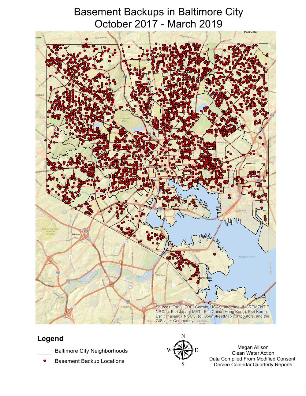 Locations of building sewer backups in Baltimore City reported to 311, October 2017 through March 2019.
