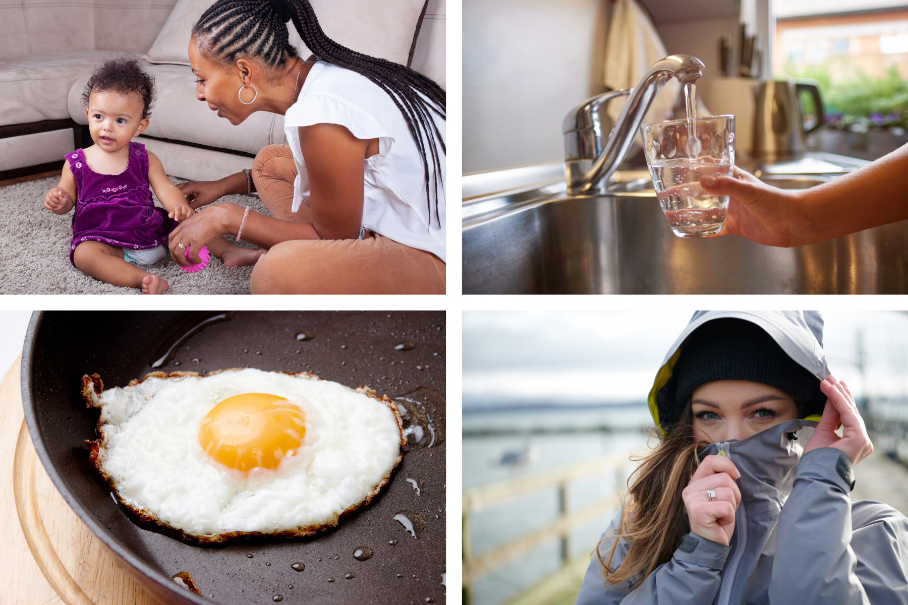 Items known to have PFAS chemicals: carpeting, non-stick cookware, rainjackets, tap water