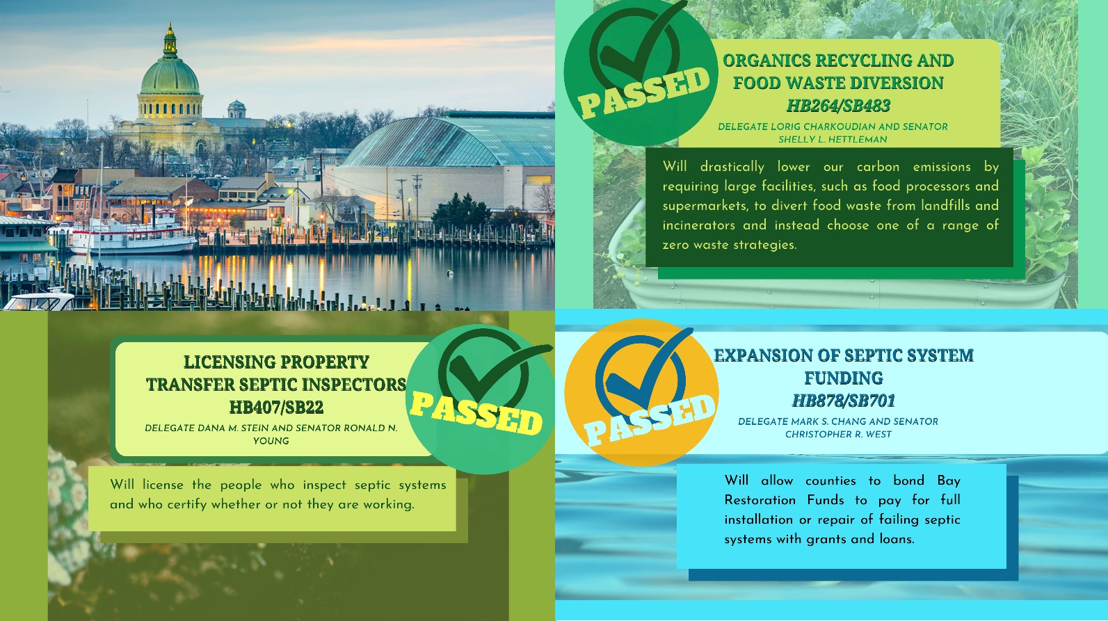 Image showing 3 passed bills discussed in the blog post, and a picture of the State House in Annapolis