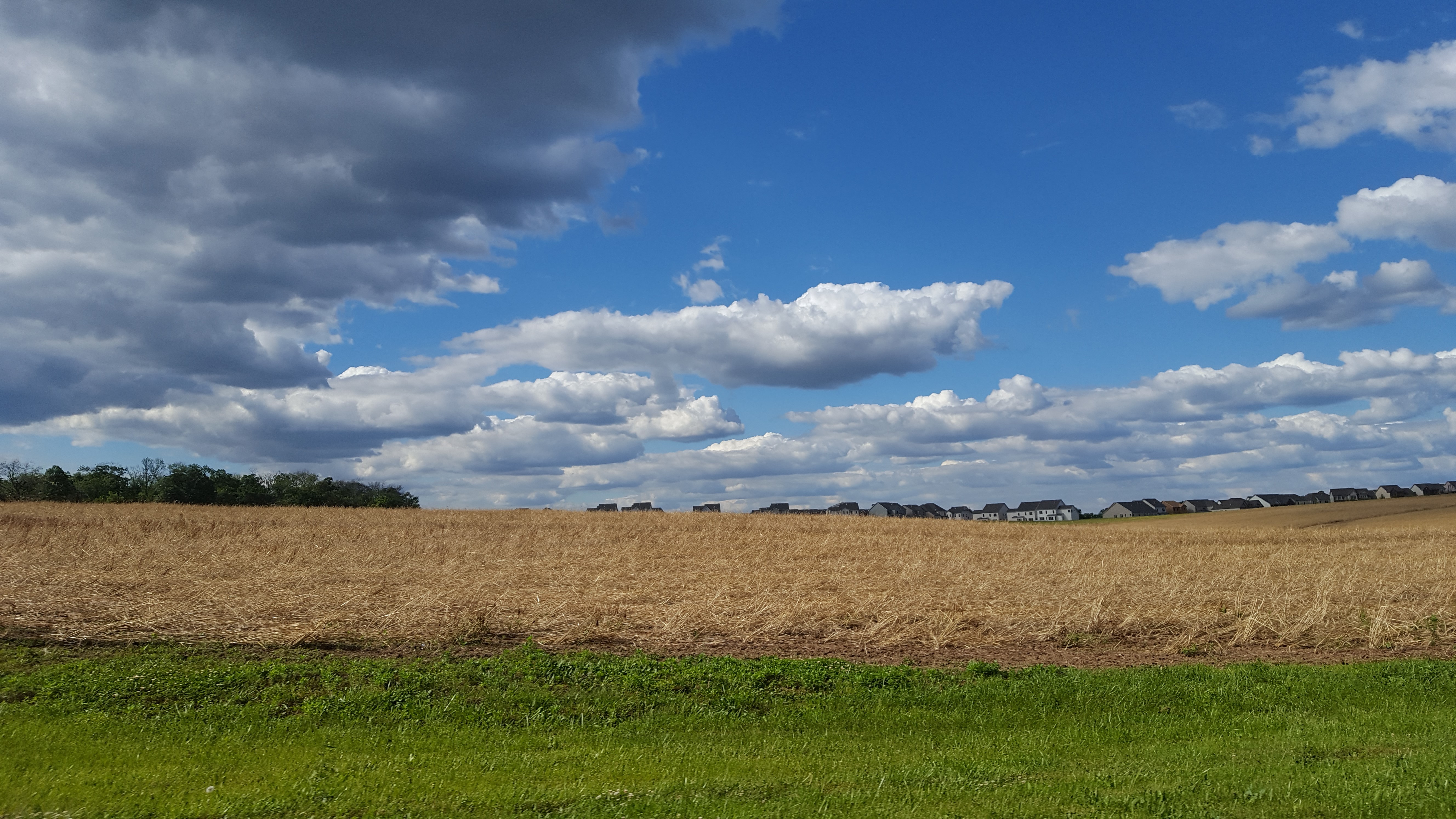 A new development peeks from behind farm fields