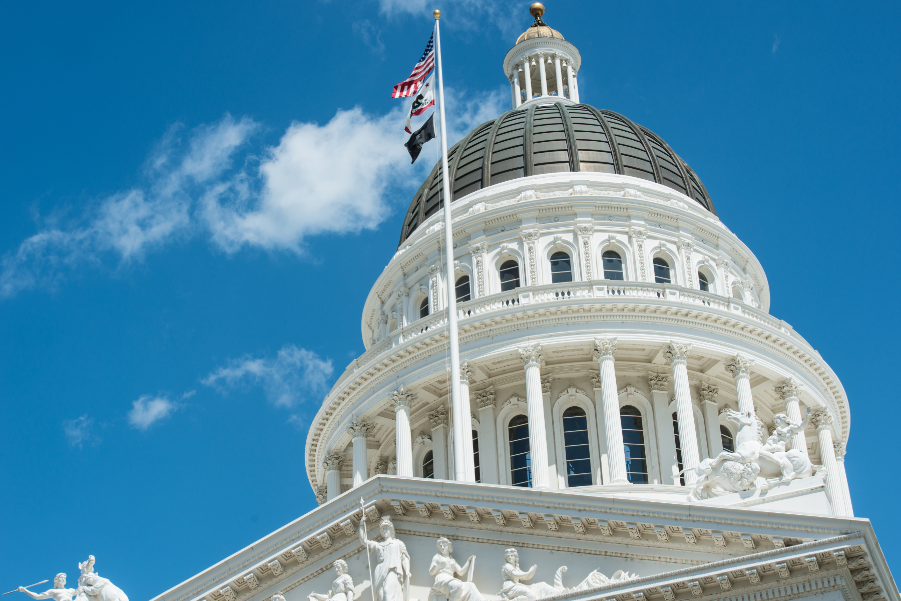 California Capitol Building with US and California flags
