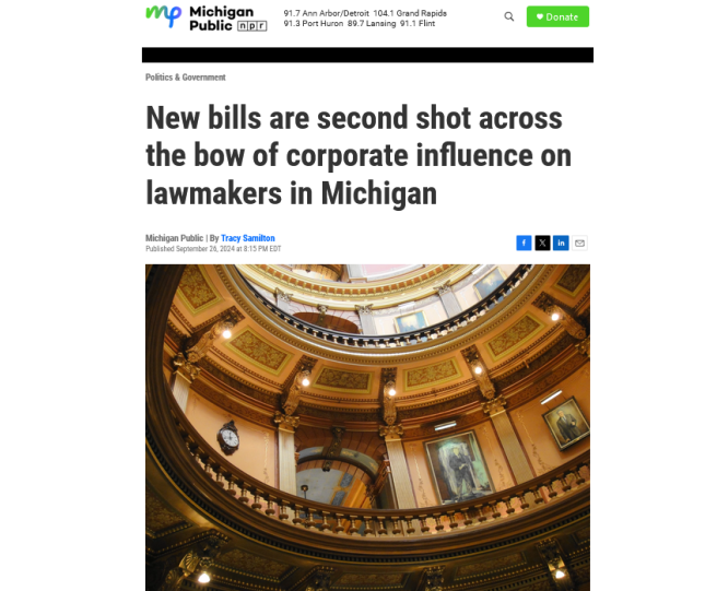 New bills are second shot across the bow of corporate influence on lawmakers in Michigan 