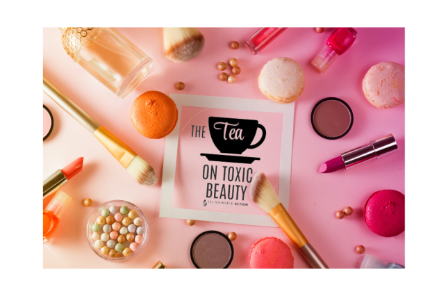 image of make-up products with tea on toxic beauty logo