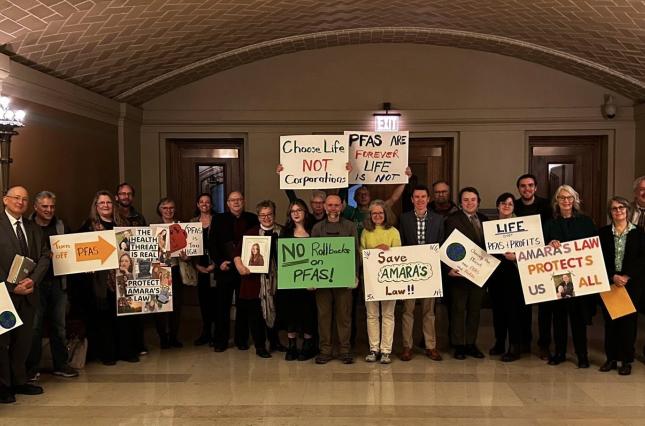 A dozen people stand together at a rally in the Minnesota Capitol building holding handmade signs such as "Amara's Law Protects Us All"