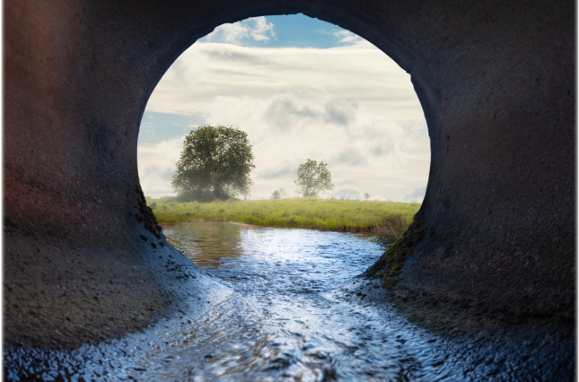 Water flowing out of a pipe into an open field