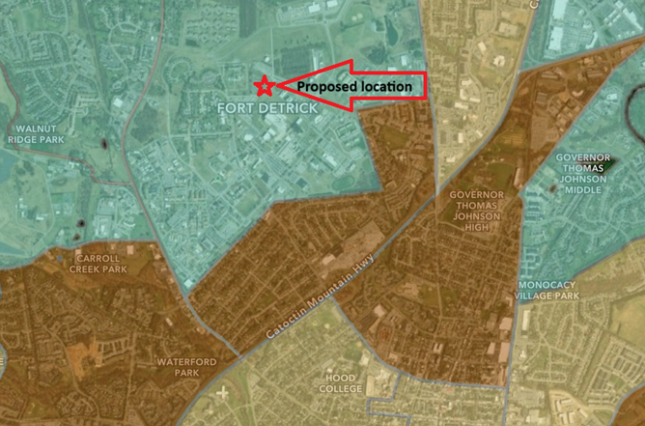 A map showing the location of the proposed medical waste incinerator at the center of Fort Detrick's Area A, with census tracts in dark orange showing areas with EJ Scores above the 75th percentile for the state.