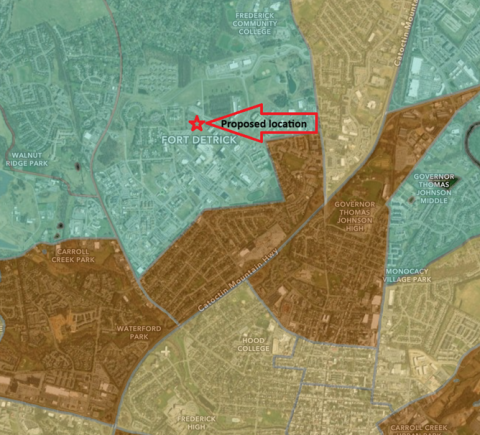 A map showing the location of the proposed medical waste incinerator at the center of Fort Detrick's Area A, with census tracts in dark orange showing areas with EJ Scores above the 75th percentile for the state.