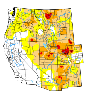 Map of the western US showing droughts, particularly in Colorado and Utah