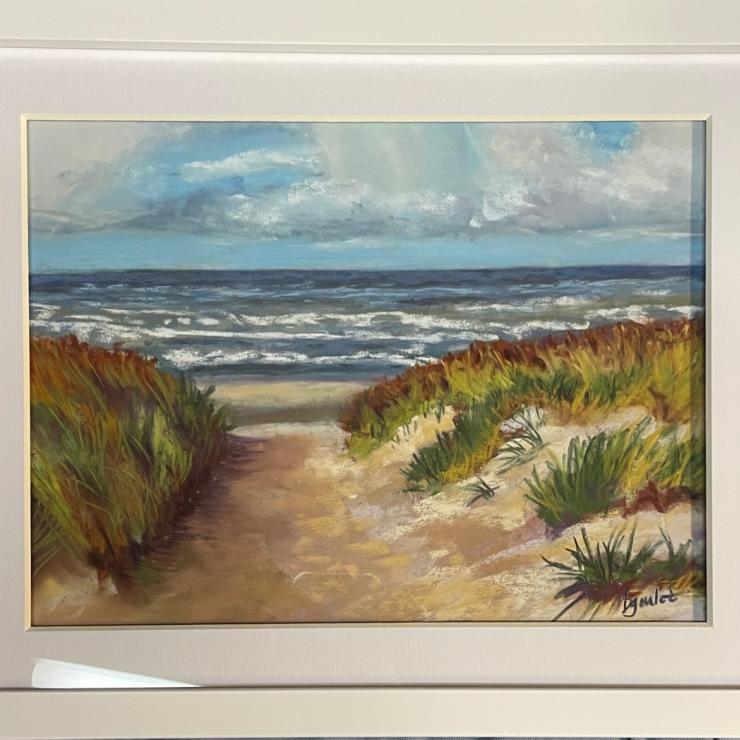 Dune pastel painting of sand, grass, and seashore by Beth Goulet