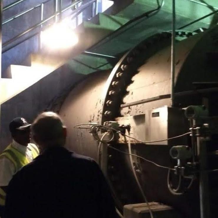 96 inch diameter pipe, all the water that runs through the facility comes here after preliminary treatment. This pipe is as old as the facility. 