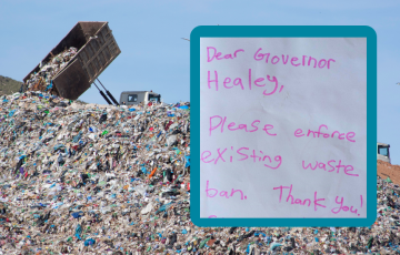 Image of a pile of trash in a landfill with a note with text that says "Dear Gov Haley, Please enforce existing waste ban. Thank you."