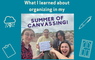 Image of Clean Water Action Rhode Island Canvassers with text "What I learned about organizing in my summer of canvassing!"