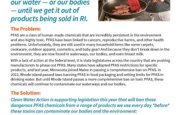 Image of Clean Water Action's PFAS Fact Sheet on Rhode Islands Comprehensive Ban of PFAS legislation in 2024