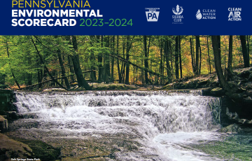 Image of a stream with text that says 2023-2024 Pennsylvania Environmental Scorecard