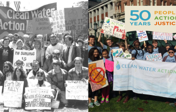 Image: A Clean Water Action Rally in the 80s side by side with a Rally in the 2010s