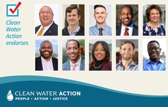 Composite image of the listed endorsed candidates. A text box that says "Clean Water Action endorses." Clean Water Action's logo. A button that says "VOTE"