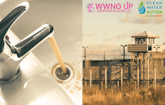 Image of a prison and dirty water coming out of a faucet. 