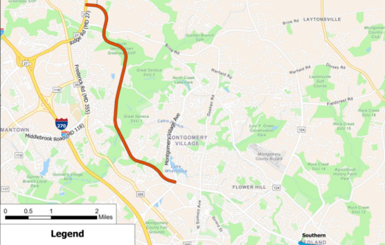 Map of a portion of Montgomery County showing the proposed M83 route in red labeled "Northern-Removed"