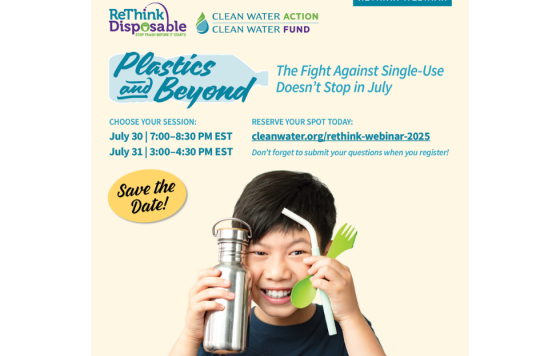 National ReThink Webinar Graphic with kid holding reusable straw and cup