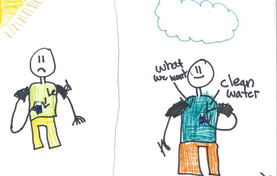 Child's picture of an unhappy person with lead in their drinking water, and a happy person with clean water. Collected at the door by canvasser Kate Brinemann.