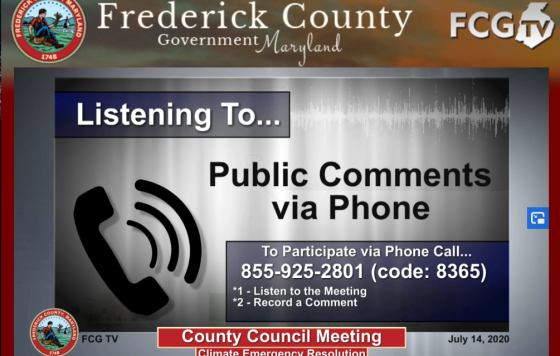 Screenshot of the livestream of the hearing on the Frederick County Climate Emergency Resolution