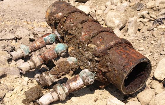 Corroded pipe with lead service fittings. Credit: Mike Thomas / Creative Commons
